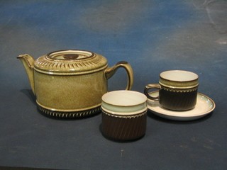A 15 piece Denby Rondo  pattern tea service with teapot, cream jug, sugar bowl, 4 cups and 4 saucers and 4 side plates