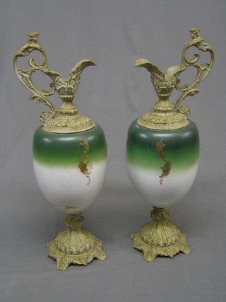 A pair of 19th Century painted glass ewers with gilt spelter mounts 22"