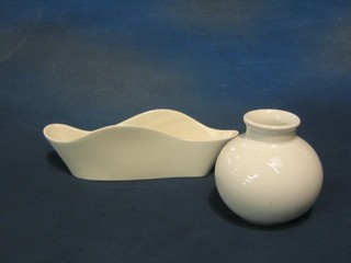 A 1960's white glazed Poole Pottery globular shaped vase 4", the base with dolphin mark together with a shaped planter 9"