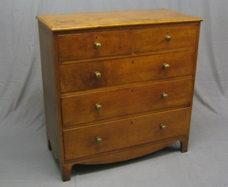 A Georgian fruit wood chest of 2 short and 3 long drawers with brass handles, raised on bracket feet 40"