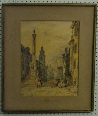 E. Lewys, watercolour "Portuguese Street Scene with Column Buildings and Figures" 14" x 10"