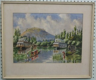 Oriental watercolour drawing "Lake with Boats and Mountain Fortress in Distance" 11" x 15" indistinctly signed