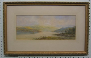 C E Jonas, watercolour "Mountain Estuary with Figures, Fishing Boats and Birds" 7" x 17"