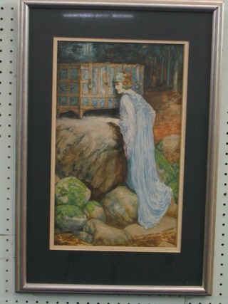 A watercolour drawing "Standing Lady in Forest Scene with Treasure Chest" monogrammed WHH dated 1928 14" x 9"