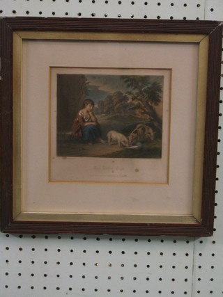 An 18th Century coloured print after Thomas Gainsborough "Girl Feeding Pigs" 4" x 6"