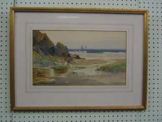 L H Smith, 19th Century watercolour drawing "Seascape with Bay and Sailing Boats" signed, 9" x 14"
