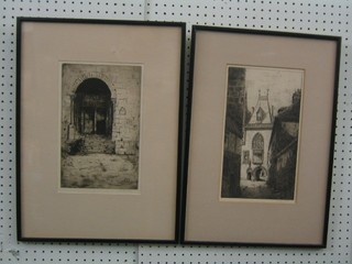 Margaret Alton, pair of etchings "The Western Door of St Bertrand and Palais de Jacques" 11" x 7"