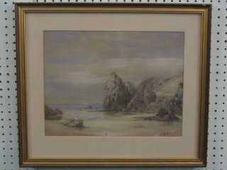 T B Hardy, watercolour "Seascape with Rocky Outcrop" 10" x 13", reverse with JAP Daborn label