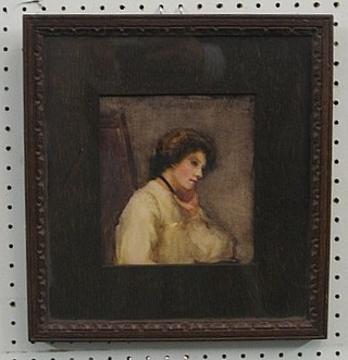 An Edwardian watercolour head and shoulders portrait "Seated Lady" 7" x 6" in an oak frame