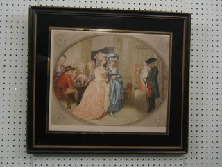 A 19th Century coloured print "Interior Scene with Figures" signed in the margin and with blind proof stamp, contained in a Hogarth frame 13" x 16"