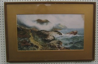 R Moss, watercolour "Seascape with Cliffs and Seagulls" 10" x 19"