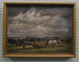 H Morley, oil painting on canvas "Hay Making Scene", signed 12" x 15"