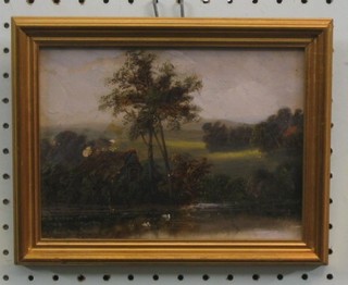 C Morris 19th Century oil on card "Country Scene with Cottage by Lake with Trees" 6" x 7 1/2"