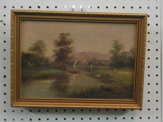 19th Century oil painting on canvas "River with Sailing Boat and Mountains in Distance" 7" x 10"