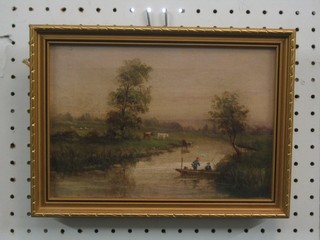 19th Century oil painting on canvas "River with Watering Cattle and Figures Fishing" 7" x 10"