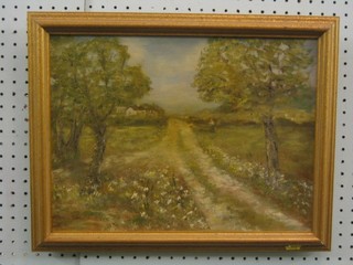 20th Century impressionist oil painting on canvas "Continental Scene of Country Lane with Figure" 12" x 15"