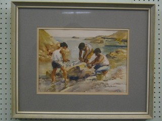 Dorothy Parsons, watercolour "Greek Fishermen" the reverse with Royal Institute Gallery label 9" x 13"