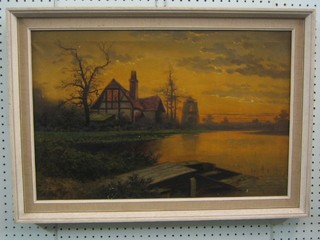 H Cole, oil on canvas "Lake with Cottage and Folly" 16" x 23"