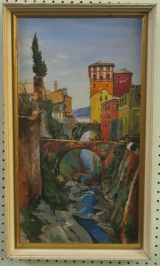 P Segger,  Continental oil painting on board "Mountain Village with Streams and Bridges" 18" x 10"