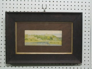 A 1930's coloured print "River Arun with Arundel Castle" 3" x 7" contained in an oak frame