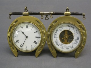 A 19th Century French hanging 8 day wall clock in the form of 2 horse shoes set a clock with enamelled dial and Roman numerals (chipped) and an aneroid barometer