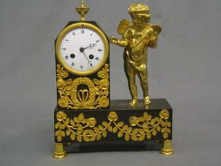 A 19th Century French 8 day striking mantel clock contained in a bronze and gilt ormolu decorated case with floral decoration, supported by a figure of a standing cherub 7" (some damage to ormolu mount bottom left of apron)