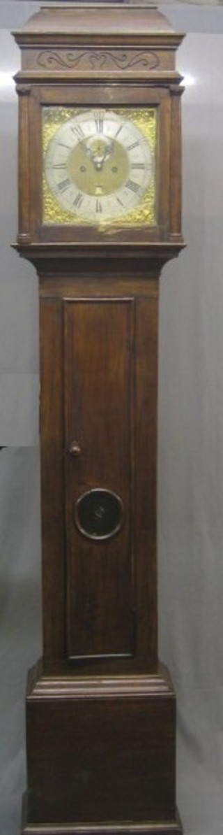 An 18th Century striking longcase clock by John Richardson of Warwick, the 12" square dial with minute indicator, calendar aperture with gilt metal spandrels and corners, with replacement handles and slight damage to bottom right hand corner of dial, contained in an oak case with bullion panel to door, 87", no pendulum or weights