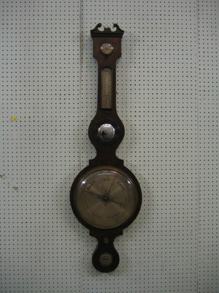 An 18th/19th Century mercury wheel barometer and thermometer, the 10" silvered dial with damp/dry indicator, thermometer, mirror and spirit level