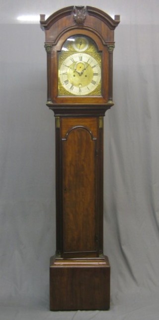 An 18th Century 8 day striking longcase clock, the 12" arch shaped brass dial with silent/strike indicator, minute indicator and calendar aperture, gilt metal spandrels and silver chapter ring by Charles Sunan of Aberdeen (centre over polished) contained in a marriage mahogany case 85" (reduced in height), no weights or pendulum