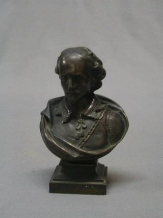 Revillon, a bronze head and shoulders portrait bust of William Shakespeare, raised on a square base 6"