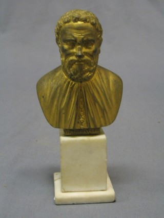A  19th Century gilt "bronze" head and shoulders portrait bust of Michelangelo, raised on a white marble base