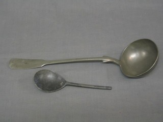 A pewter fiddle pattern soup ladle marked Golsmain Denmark together with an antique pewter spoon
