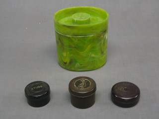 2 circular painted brown Bakelite dressing table jars by Seaforth 3"