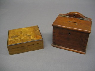 A Greek parquetry trinket box with hinged lid 5" and a wooden wall mounting money box 6"