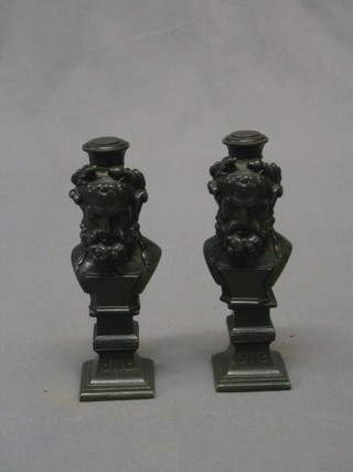 A pair of 19th Century bronze head and shoulder portrait bust seals of classical gentleman raised on square bases, 6 1/2"
