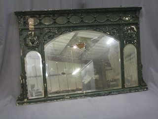 A 19th Century triple plate over-mantel mirror fitted arch shaped bevelled plate panels, contained in a green painted frame with swag decoration 48"