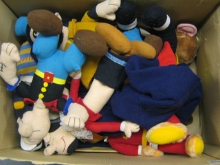 A collection of cuddly figures including Pluto, Olive Oil, Roland Rat etc