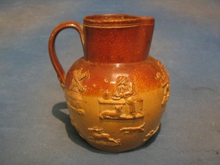 A salt glazed hunting jug 8" (some chips to rim)