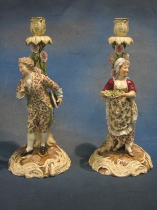 A pair of 19th Century Sitzendorf? porcelain candlesticks decorated Gallant & Belle, (sconces f and r) 13"