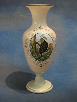 A Victorian opaque glass vase decorated a panel with seated monkey 15 1/2" (base drilled)