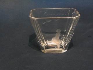 An Art Deco boat shaped multi faceted and etched glass vase decorated a girl with flying geese, the base signed, 5"