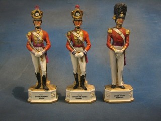3 reproduction Continental porcelain figures of 18th Century soldiers 2 Officers of the 3rd Guard Regiment and an Office of the 1st Guard Regiment 12"