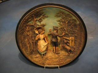 A Musterschutz terracotta charger decorated a figure of a lady and gentleman walking a dog, 18" circular, base marked Musterschutz and impressed JM