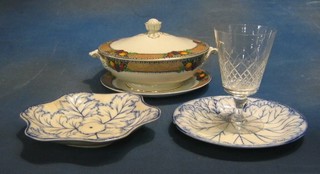 A collection of cut glass table glassware, 10 Wedgwood blue leaf shaped dishes, an Imari plate, various decorative plates and a Grimwade pottery dinner service