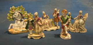 4 20th Century German porcelain figures and a pottery figure of a seated Zebra