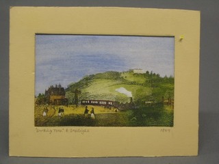 A coloured print "Dorking Town with Train" 5" x 6"