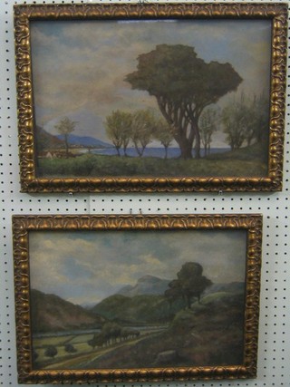 A pair of 19th/20th Century impressionist oils on board, "Moorland Scene with Trees and Lakes" 12" x 18"