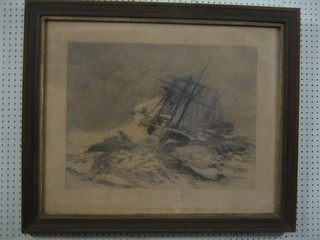 A  19th Century monochrome print "The Escape of HMS Calliope From Apia Harbour Samoa March 16 1889" contained in an oak frame 18" x 25