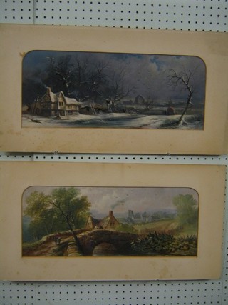 A pair of 19th Century oil paintings on card "Winter Study of Lane and Cottage in Snowy Landscape" and "Spring Study of Cottage with Church in Distance" 7" x 18", unframed