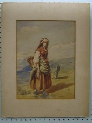 A 19th Century watercolour drawing "Lady Winkle Picker on Shore with Basket Panier" 12" x 9", unframed